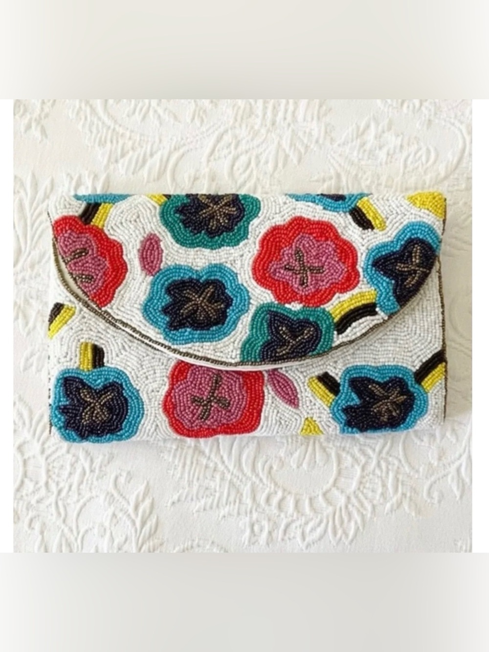 Lulu's White Beaded Floral Envelope Clutch - Multicolor